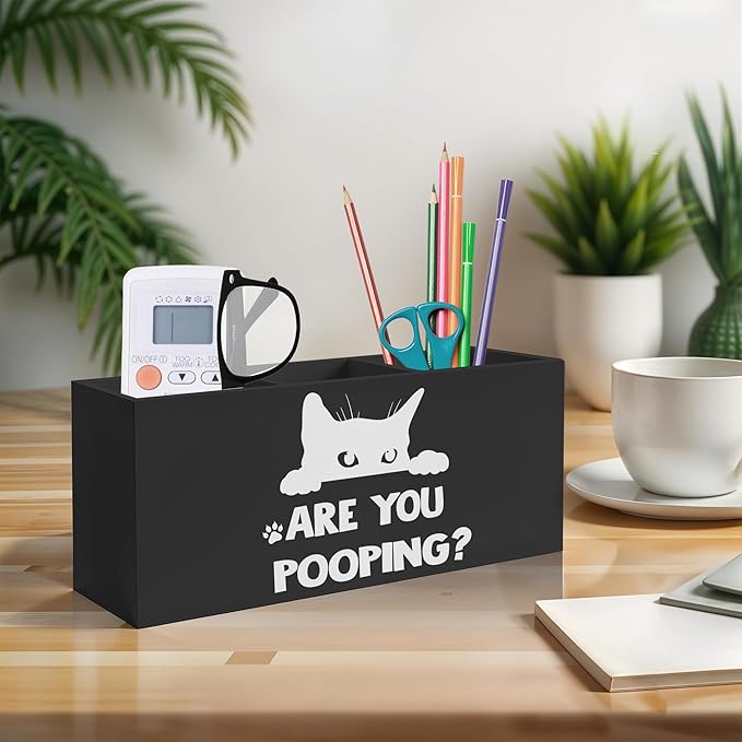 Exqcom Funny Cat Toothbrush Holders for Bathroom Washroom, Cat Bathroom Decor, Gifts for Cats Lovers Mom, Are You Pooping Humorous Makeup Brush Holder Organizer for Vanity