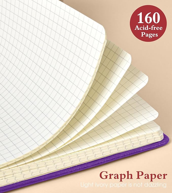 PAIBAS Graph Notebook for Women Men, 160 Pages Grid Paper, Graphing Notebooks for School, Work, Quad Ruled, Inner Pocket, A5 Hardcover Vintage Leather Journals for Writing, 5.8"x8.5" (Purple)