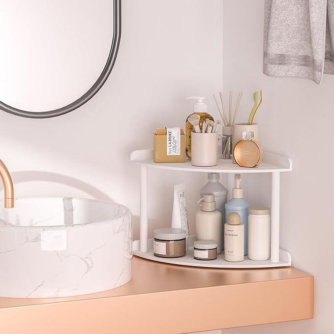 Sezanrpt 2 Tier Acrylic Corner Shelf Organizer Storage 9.5x9.5x8 Inch, White Countertop Corner Shelf for Bathroom, Kitchen, Bedroom, Office, Study Room