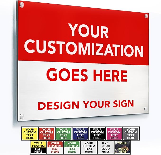 Custom Metal Business Signs, Personalized Aluminum Outdoor Signs, Waterproof, White Aluminum (Red & White, 18x12 In)