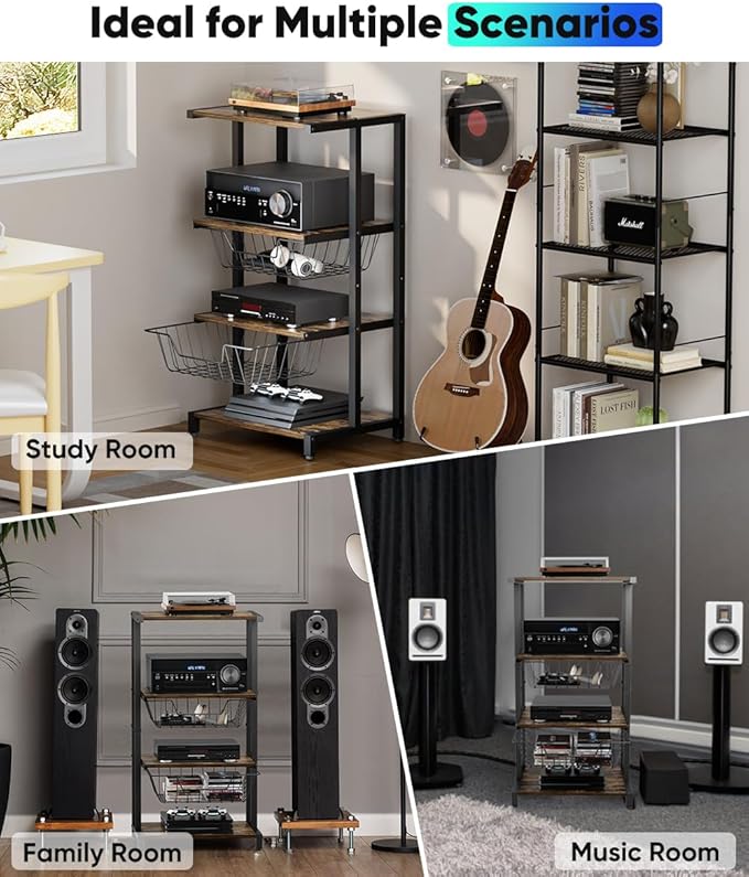Ardier Media Stand with Two Detachable Baskets, 4-Tier AV Media Stand Corner Shelf for DVD Players/Cable Boxes/Games Consoles, Audio Storage Rack for Living Room, Gaming Room, Music Studio, Black