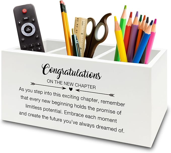 XPH Congratulations Gift Pen Pencil Holder Organizer for Desk, Graduation Gifts, New Job Gifts, Congratulations on the New Chapter Wooden Box Sign for Home Office Desk Tabletop Decorations