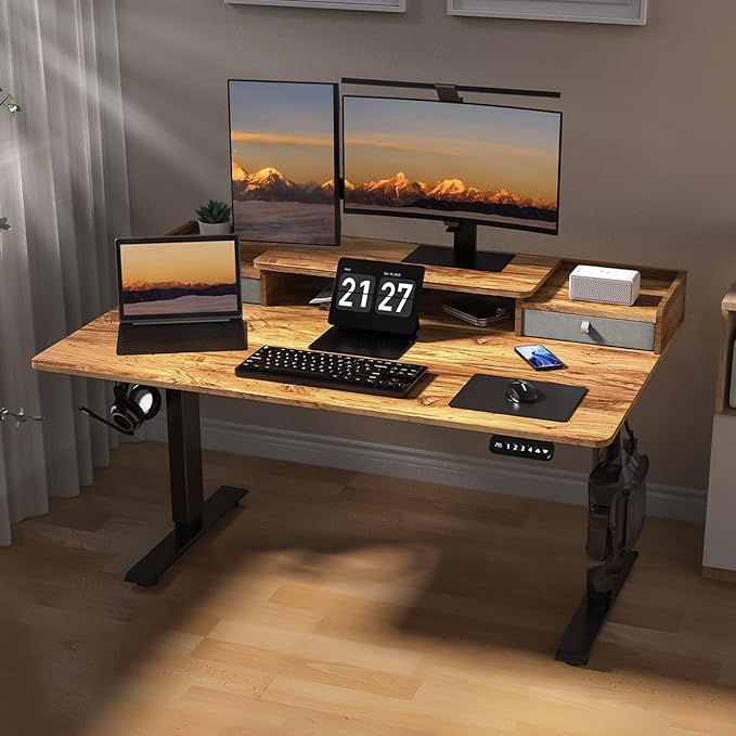 ExaDesk 55 x 30 Inch Electric Standing Desk with 2 Drawers, Adjustable Height Widened Stand Up Desk with Storage, Sit to Stand Ergonomic Workstation for Home Office, Light Rustic