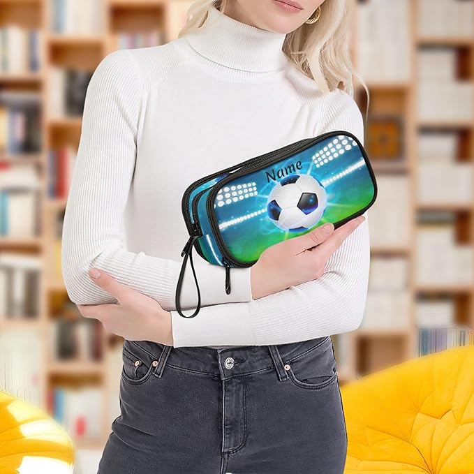 BOENLE Custom Soccer Ball on Field Pencil Case Box Boys Girls Personalized Name Large Pencil Pouch Stationery Pen Bag Organizer for Kids Adults School Office