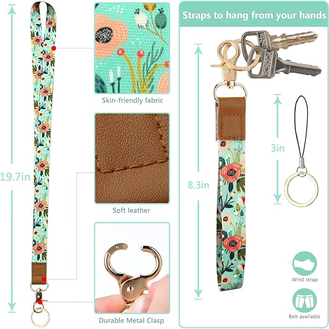 bolimoss Floral Lanyard Wallet, Cute Teacher Lanyards for ID Badges Keychain Wallet,Badge Holder with Zip Pocket, ID Holder Wallet with Neck Wrist Lanyard for Women Nurse Teacher Student (Green)