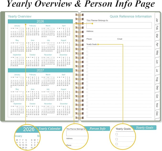 2026 Planner - Planner 2026 from January 2026 - December 2026, Weekly & Monthly Planner Spiral Bound with 12 Monthly Tabs, Inner Pocket, 6.4" x 8.5", Green-E