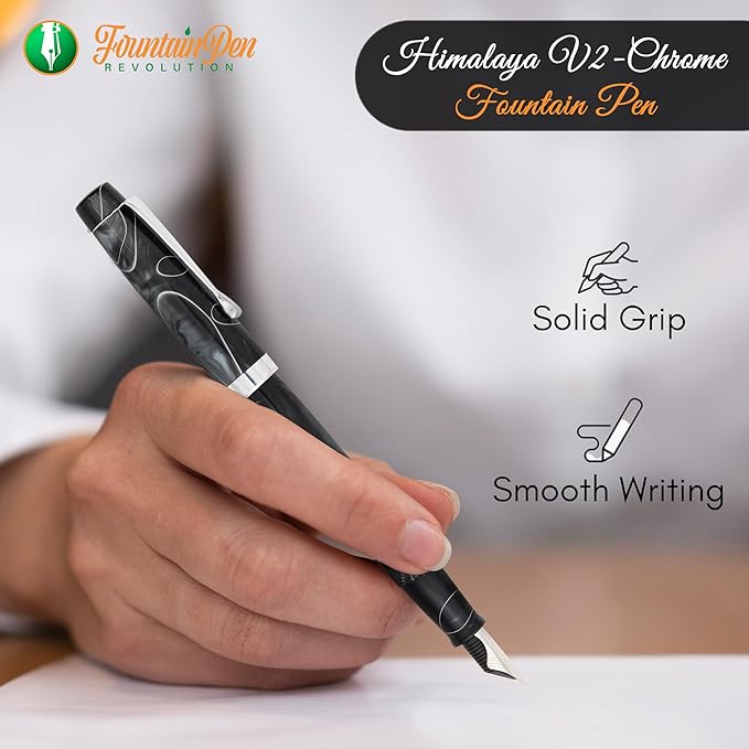 FPR Himalaya V2-Chrome Ultra Flex Nib Pen - Twist-Style Converter Filled Calligraphy Pens for Writing - Fancy Pens for Men & Women - Flex Fountain Pen w/Metal Clip & Cap Ring (Jade Smoke Acrylic)