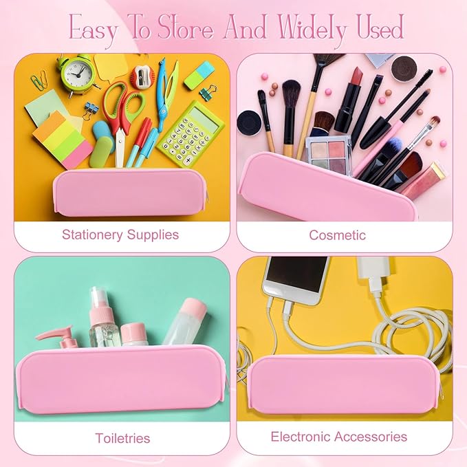 Feifeiya 8 Pcs Silicone Pencil Case Pen Zipper Pouch Bags Aesthetic Back to School Gifts Stationery Travel Toiletry Makeup Coin Organizer Waterproof Valentines Galentines Party Favors (Pink)
