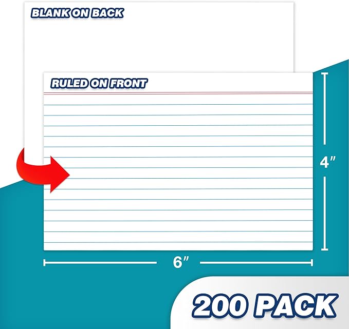 Chell Extra Heavyweight Ruled Index Cards 4x6 Inch, No Bleed-Through, 200 Count, Ruled Front and Blank Back, 85 lb. Cover Weight, White