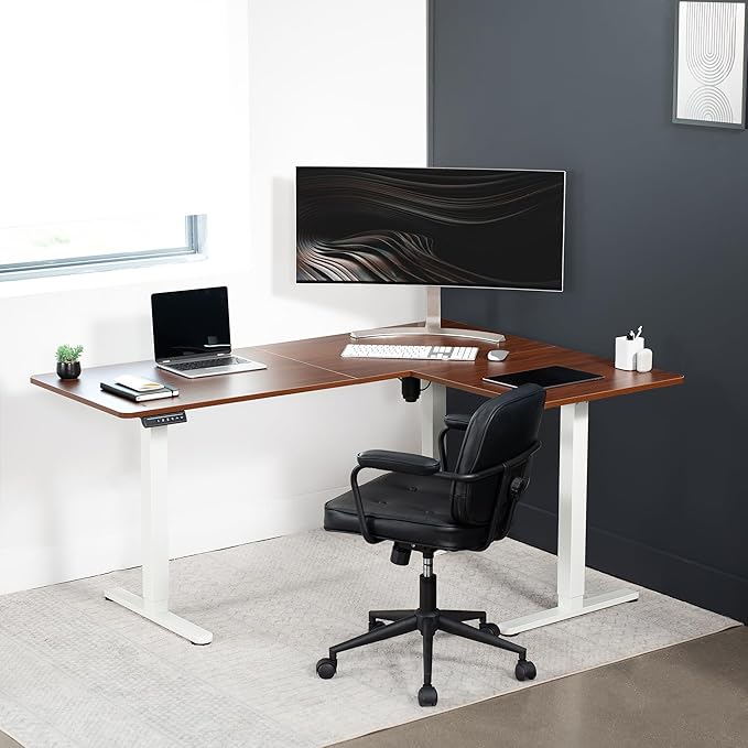 VIVO Electric Corner 63 x 47 inch L-Shaped Standing Desk, Memory Height Adjustment, Dark Walnut Top White Frame, DESK-E3CTWD-47
