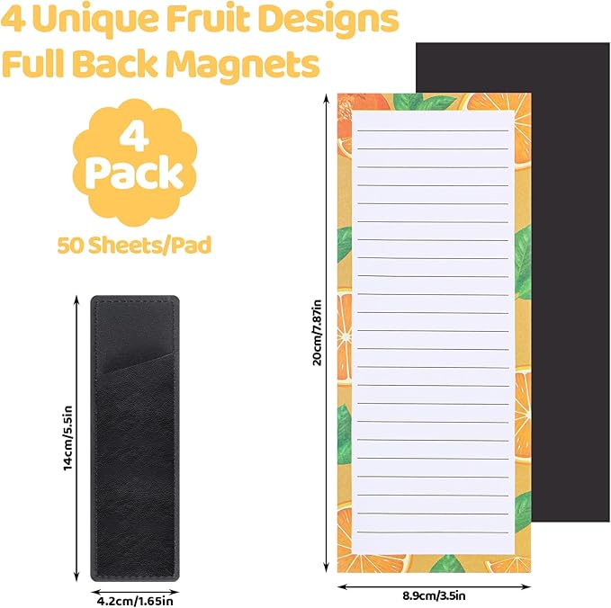 Thboxes 4 Pack Magnetic Note Pad for Fridge with Pen Holder, Totally 200 Sheets Grocery List Magnet Pad for Refrigerator Magnetic Shopping List Pad（Fruit Design）