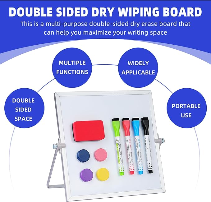 MXG 10x10 Inch Magnetic Dry Erase Board, Double Sided Small Whiteboard with Stand, 360° Rotatable & Adjustable, Includes Markers, Eraser & Magnets, for Office, Home, Fridge, Wall