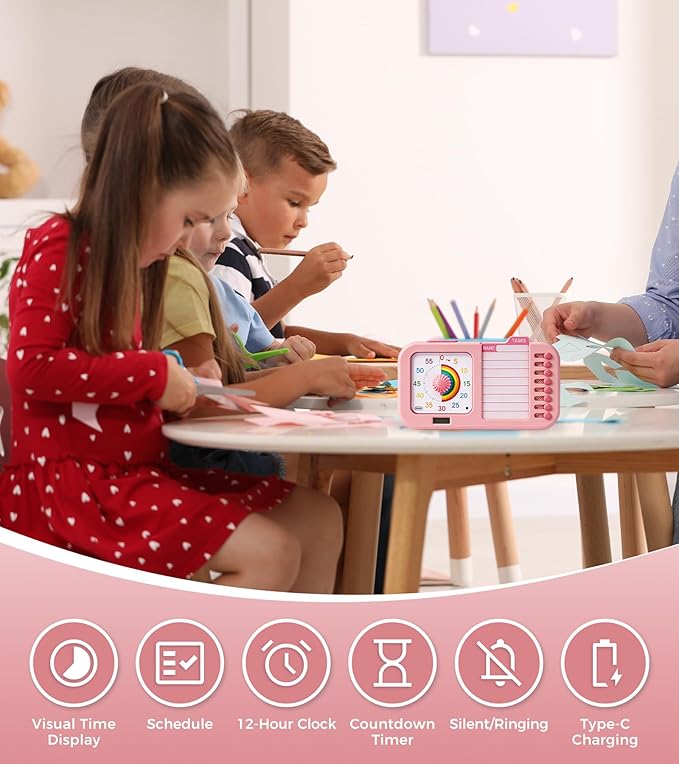3-in-1 Visual ADHD Timer for Kids & Adults with Planning Board, Task Timer, Chore Chart & Visual Schedule Planner, Autism & ADHD Tools with Checklist for Homeschool Supplies, Home, School (Pink)