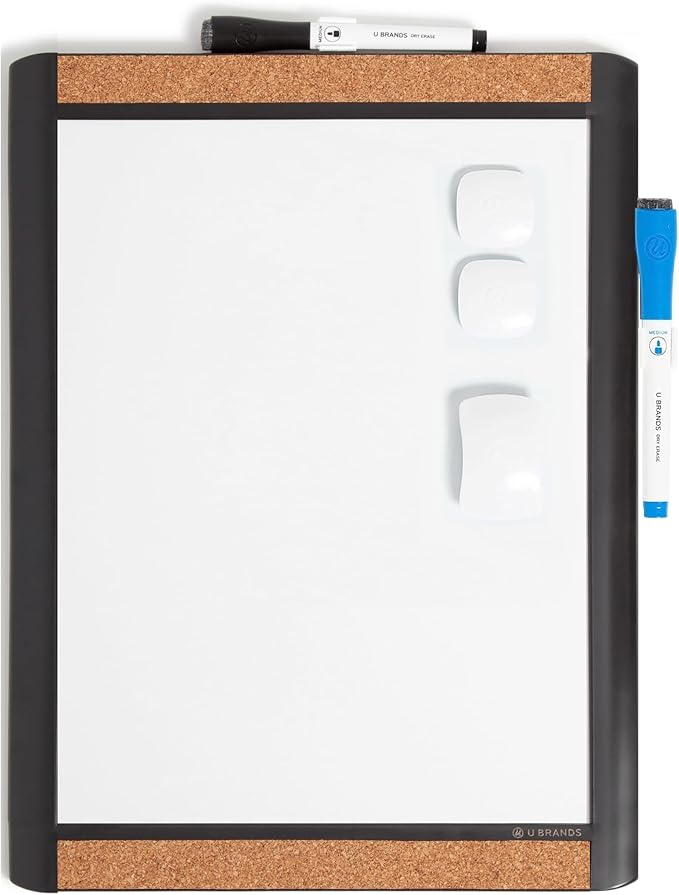 U Brands Contempo Magnetic Dry Erase Board, PINIT White Board, 11" x 14" Inches, White Plastic Frame Includes Markers, Magnets, Mini Eraser, Push Pins