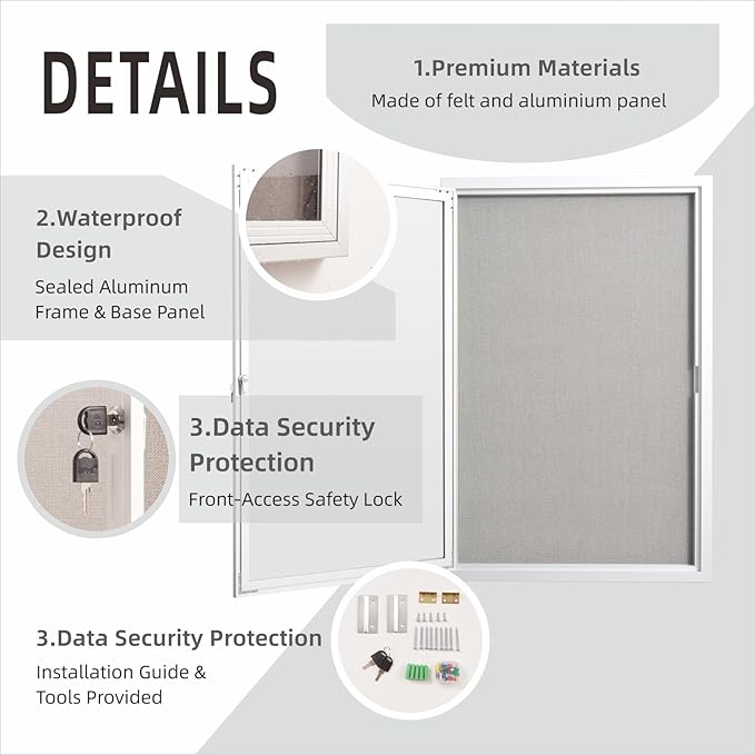 36×24 Inch Lockable Enclosed Bulletin Board, Weather-Resistant Outdoor Noticeboard with 2Locking Doors, Wall-Mounted Silver Aluminum Frame & Grey Felt Presentation Board