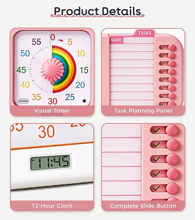 3-in-1 Visual ADHD Timer for Kids & Adults with Planning Board, Task Timer, Chore Chart & Visual Schedule Planner, Autism & ADHD Tools with Checklist for Homeschool Supplies, Home, School (Pink)