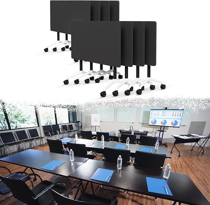 Goakwwuz Conference Room Table, Folding Conference Tables,Thicken Grey Tabletop,Flip Top Wooden Seminar Meeting Room Table for Conference Room Offices (8, Black, 70.8”)