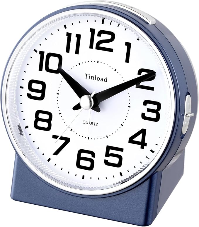 Tinload 4.3" No Ticking Analog Alarm Clock,Silent Readable for Seniors,Easy to Set,Gradual Rise Alarm,Big Numbers,On/Off Switch on Side,Gentle Wake,Snooze,Lighted on Demand,Battery Operated,Blue