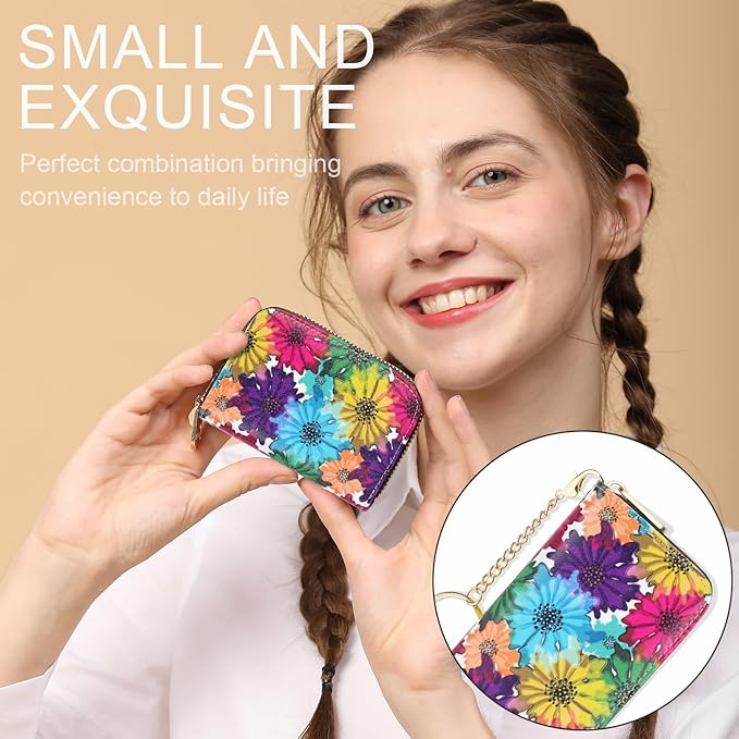 APHISON RFID Credit Card Holder Wallets for Women Leather Zipper Card Case for Ladies Keychain Wallet