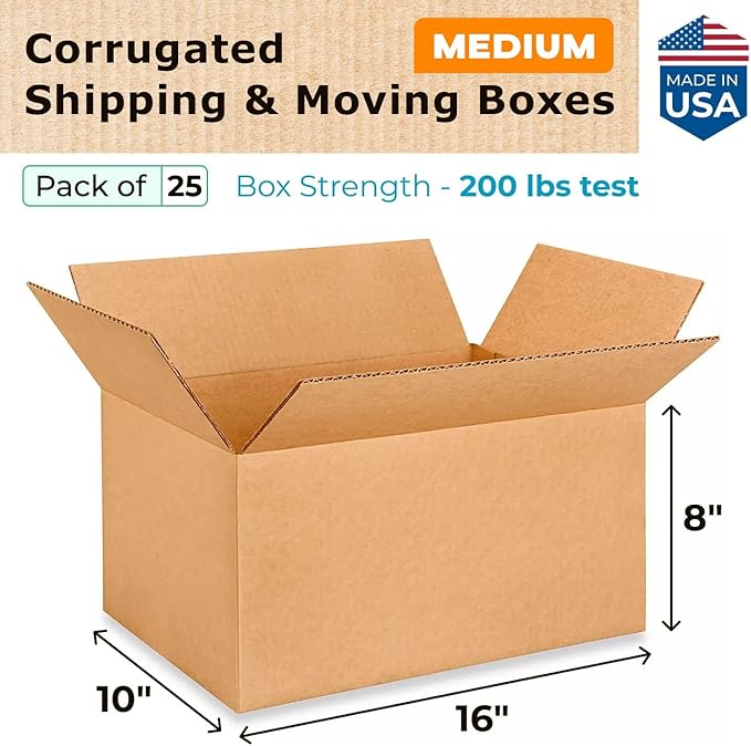 Medium Moving & Shipping Boxes 16"L x 10"W x 8"H (25-Pack) - Extra Strength 200 lb vs Regular - Corrugated Medium Moving Boxes - Cardboard Box, Made in USA - Box for Shipping by IDL Packaging