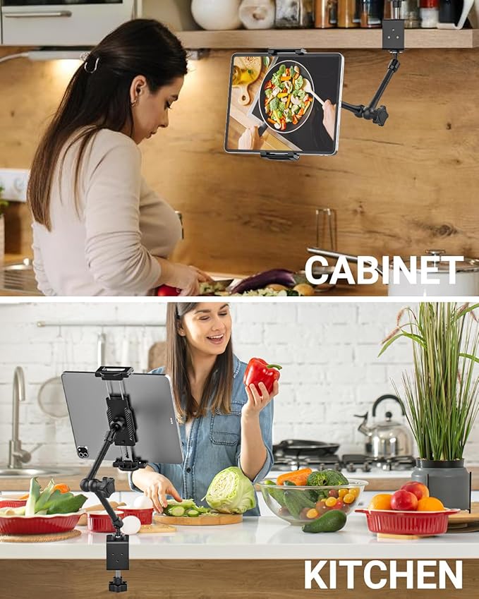 INSSKY Metal Kitchen Tablet Stand, Fit for 6.1-15.6" Devices, Magic Long Arm Mount for Cabinet, Desk, Table, with 360° Foldable Rotation Aluminum Holder, Compatible with iPad Pro/Air/Mini, Galaxy Tab