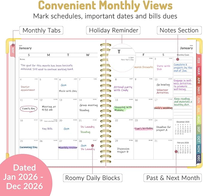 Forvencer 2026 Planner, Hardcover Calendar Planner Weekly and Monthly, Jan 2026 - Dec 2026, 6" x 8", Spiral Agenda Book with Tabs, Exquisite Daily Journal Organizer for Home School, Pink