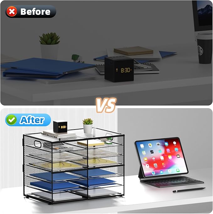 Lavatino 12 Compartments Paper Organizer for Desk, Mesh Literature Organizer, Mail File Sorter Tray with Handle, Desktop Mailbox for Office Classroom Home, Black