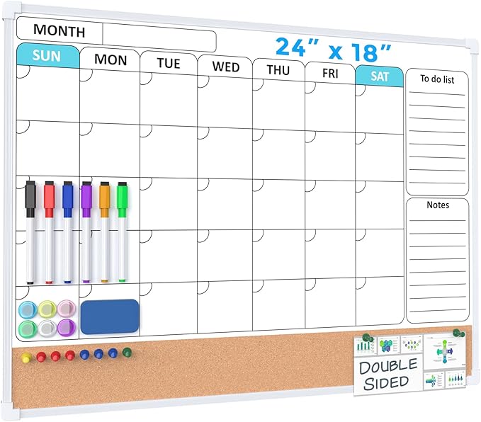 MaxGear Monthly Calendar Whiteboard Dry Erase Cork Board for Wall, 24"x18" Double-Sided Dry Erase White Board Calendar with Bulletin Board, Hanging Dry Erase Board for Office, Home, School