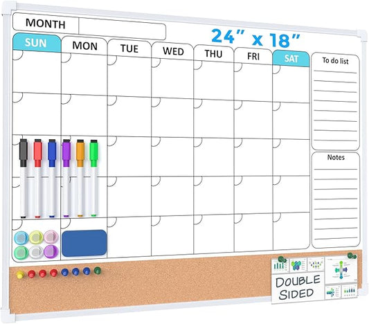 MaxGear Monthly Calendar Whiteboard Dry Erase Cork Board for Wall, 24"x18" Double-Sided Dry Erase White Board Calendar with Bulletin Board, Hanging Dry Erase Board for Office, Home, School