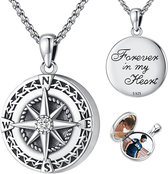 Compass Necklace for Women Men 925 Sterling Silver Pendant Urn Necklaces for Ashes Picture Locket Necklace Anchor Necklace Viking Necklace Crystals CZ Moonstone Abalone Shell Turquoise Compass Jewelry