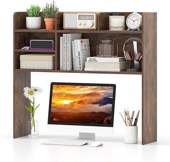 Tangkula Desktop Bookshelf for Computer Up to 32”, 37” Countertop Storage Hutch with 6 Storage Shelves, 3-Tier Desktop Organizer Display Rack, Wooden Desk Hutch for Dorm Home Office (Rustic Brown)