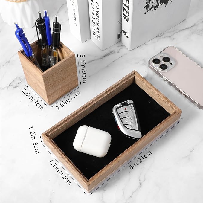 Kifmurase Wooden Desk Tray with 2 PCS Pen Holder, Wood Desk Drawer Organizer with Felt Lined, Aesthetic Organizer Tray& Pen Holder Office Home Desktop Accessories for Keys Pencils Watch Earbuds