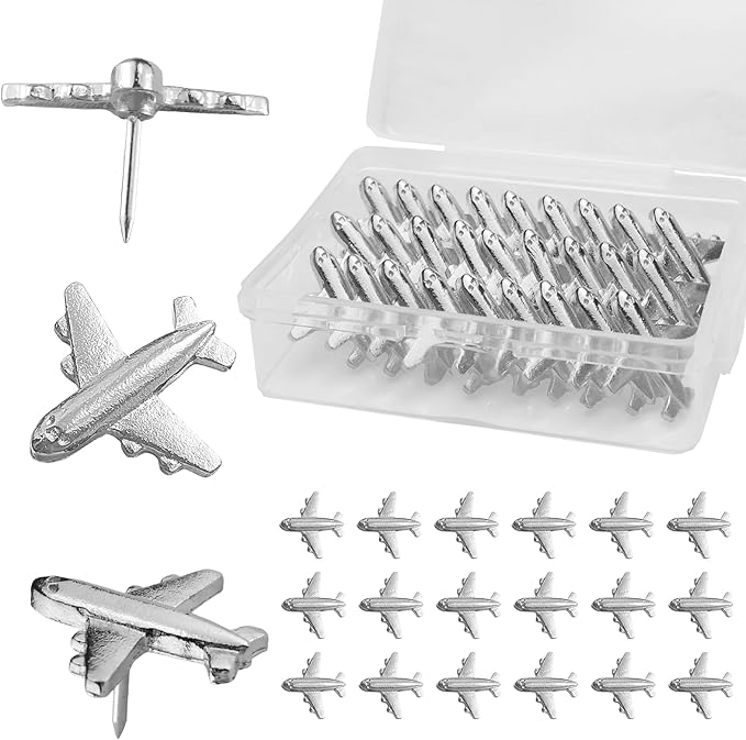 Silver-Tone Airplane Push Pins 30 Pack - Metal Thumb Tacks for Cork Bulletin Board,Photos Wall,Maps,Office and Home Decoration