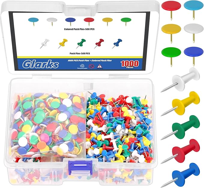 Glarks 1000pcs Vinyl-Coated Thumbtacks and Push Pins Set, Included 500pcs 23mm/0.9in Office Tacks Color Pins, 500pcs 10.3mm/0.4in Flat Thumb Tack, Stick Pins Thumb Tacks for Office & Personal Use