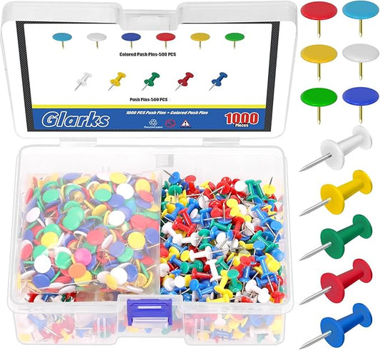 Glarks 1000pcs Vinyl-Coated Thumbtacks and Push Pins Set, Included 500pcs 23mm/0.9in Office Tacks Color Pins, 500pcs 10.3mm/0.4in Flat Thumb Tack, Stick Pins Thumb Tacks for Office & Personal Use