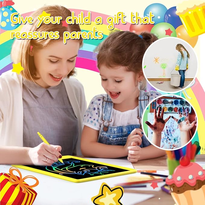BUKEBU LCD Writing Tablet Doodle Board,12.5 inch Colorful Drawing Pad,Electronic Drawing Tablet, Drawing Pads,Travel Gifts for Kids Ages 3 4 5 6 7 8 Year Old Girls Boys (Yellow)