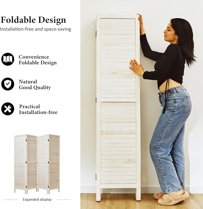 Room Dividers and Folding Privacy Screens, Wood Louvered Separators Divider Wall for Home Office Bedroom - 4 Panels, 67 * 60inch (White-Washed)