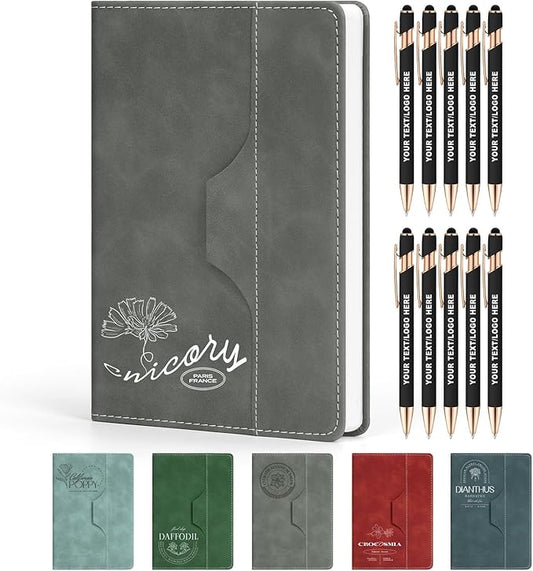 ENOMY Personalized Notebook Set with 10 PC Pens Lined A5 Custom Journal for Writing Men Women Custom Notebook Ideal Friend Girlfriend Gift, Gray