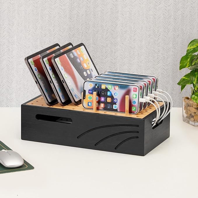 Cozivolife Bamboo Charging Station for Multiple Devices, Charger Organizer Desk Docking Stations Rack for Phones, Tablets, Laptop, Perfect to Work from Home (Natural and Black, M)