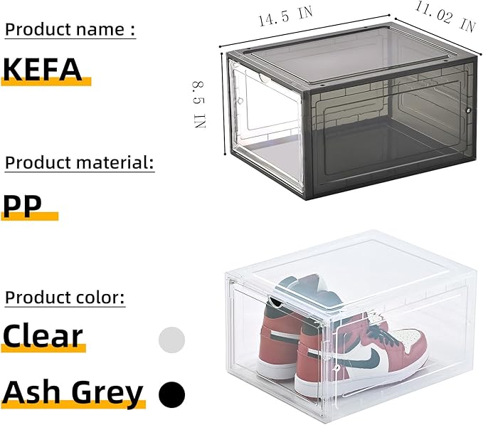 KEFA XL Shoe Storage Box, 8 PACK Shoe Boxes Clear Plastc Stackable Organizer, Clear Plastic Shoe Boxes Fit for US 15 (8 PACK BLACK)