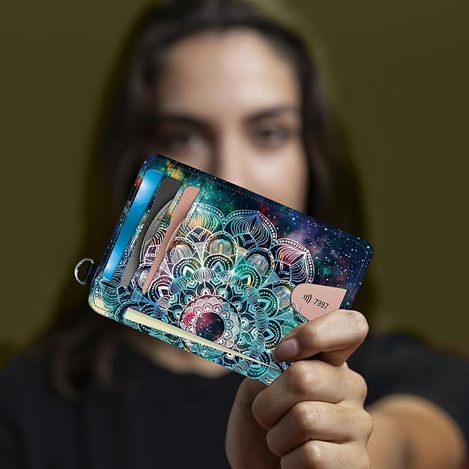 BWEGRHE Small Travel Wallets, Art Mandalas Slim Minimalist Front Pocket Wallet with Wristlet, RFID Blocking PU Leather Credit Card Holder with ID Window Change Purse for Men Women