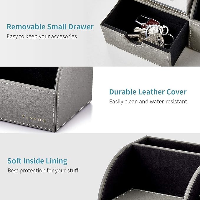 Vlando Office Desk Organizer Leather Desktop Organizer Caddy with Drawer for Storing Desktop Supplies and Accessories (Grey Set)