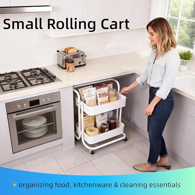 Ufriandz 2 Tier Cart with Wheels Under Desk Storage with Handle, Metal Rolling Pantry Cart for Kitchen White Small Rolling Basket for Laundry Room Bathroom, Utility Shelf Organizer for Small Space
