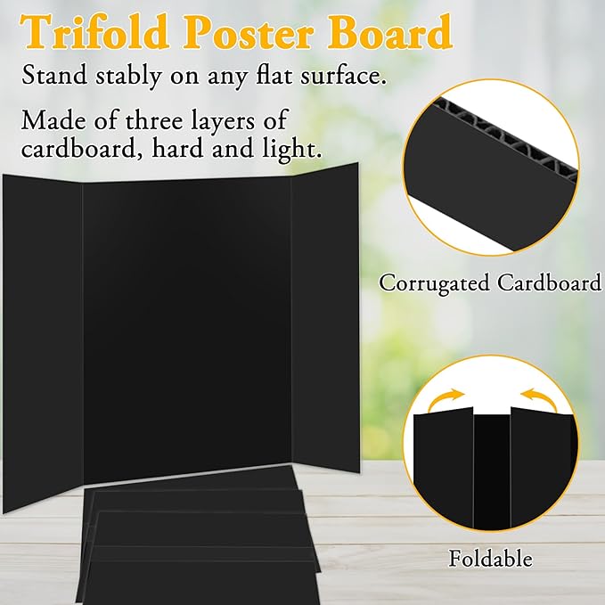 AKONEGE 3PCS Small Trifold Poster Board, 21 x 14 Inches Black Corrugated Cardboards Mini Tri Fold Poster Boards for School Projects, Science Fair, Business Presentations, Exhibitions, Event Display