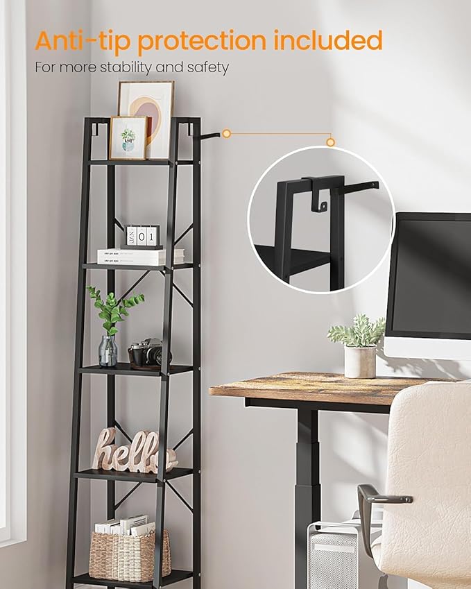 Hzuaneri Ladder Shelf, Bookshelf Bookcase, Freestanding Corner Storage Shelve with 2 Hooks for Home Office, Living Room, Kitchen, Bedroom, Industrial, 11.8" D x 13.4" W x 63" H, Black BC03204B