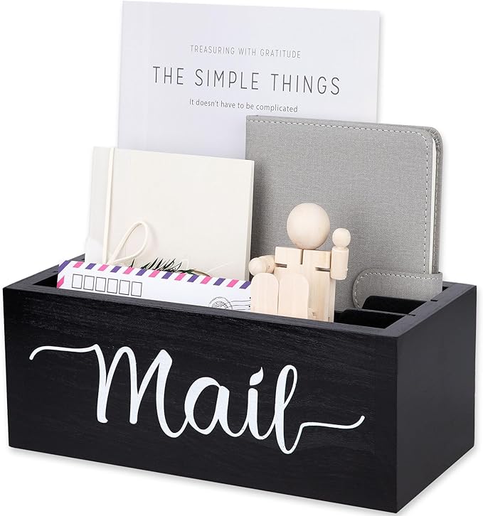 Lucundm Desk Mail Organizer, Mail Organizer Countertop with 3 Slots, Wood Desk Mail Storage Box, Envelop Holder for Home Office (Black-3 Slot)