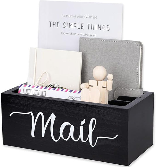 Lucundm Desk Mail Organizer, Mail Organizer Countertop with 3 Slots, Wood Desk Mail Storage Box, Envelop Holder for Home Office (Black-3 Slot)