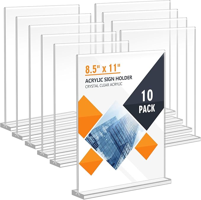 Enayplon Acrylic Sign Holder 8.5 x 11, Double Sided Sign Holder Stand, Plastic 10 Pack Table Paper Stand, Vertical Menu Flyer Stand, T Shape Table Flyer Holder