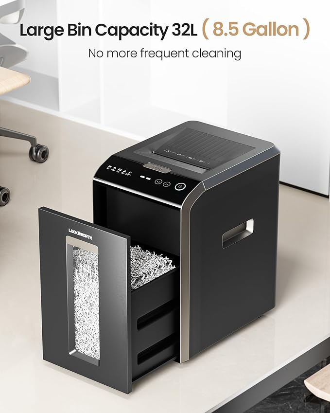 Locksworth 200-Sheet P-5 Micro-Cut Heavy-Duty Paper Shredder, 60-Min Continuous Run, 8.5-Gal Bin, Auto Jam-Proof, Home Office, High-Security