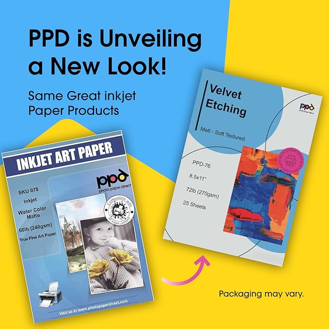 PPD 25 Sheets Inkjet White Giclee Archival Velvet Etching Fine Art Printer Paper 8.5x11 72lbs 270gsm (PPD076-25)